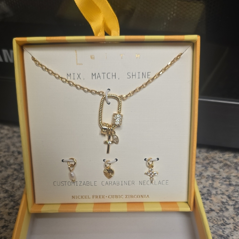 Leith Gold Carabiner Necklace Set with Charms NWT